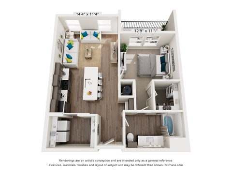 A 3D floor plan of a small apartment with a kitchen, living room, and bathroom.